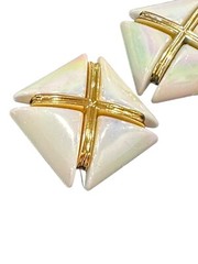 Vtg 1980s 1990s Chunky X Design White Gold Iridescent Statement Clip On Earrings