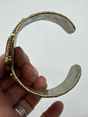 Vtg Modernist Mixed Metals Polished Agate Stone Chunky Cuff Bracelet 8″