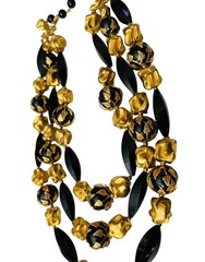 VTG DEAUVILLE LUCITE BLACK GOLD TRIPLE STRAND BEADS METAL SIGNED NECKLACE 12-14”