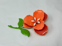 Vintage Peach Pink and Green Enamel Metal 3.5″ Flower Brooch Pin