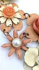Vintage Enamel Flower Statement Necklace Pink Cream Floral Bib Mod Pop Art