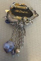 80s Vintage Signed Joe Gladish Brooch Glass Flower Beaded Rhinestone Chains 4.5″