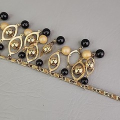 Vintage Statement Necklace Black Beaded Fringe Dangles Gold Tone Snail 16.5″