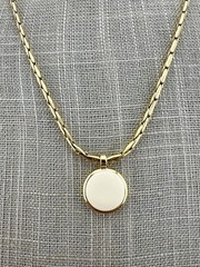 Liz Claiborne Necklace Cream Enamel Coin Pendant Gold Tone Signed 19”