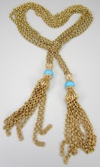 ELEGANT VINTAGE 48″ LONG GOLDTONE TURQUOISE GLASS LARIAT WRAP STYLE NECKLACE