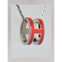 Hermes Red Enamel and Palladium Plated Pop H Pendant Necklace
