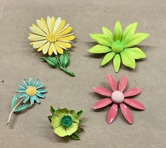 Assortment of 5 Flower Themed Vintage Enamel Broaches-one Is Marked Hedy