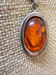 Vintage Sterling Silver 925 Baltic Amber Oval Pendant Cognac Honey Modernist