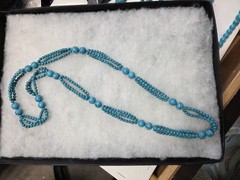 Vtg turquoise color blue beaded 3 strand spacer satin Necklace
