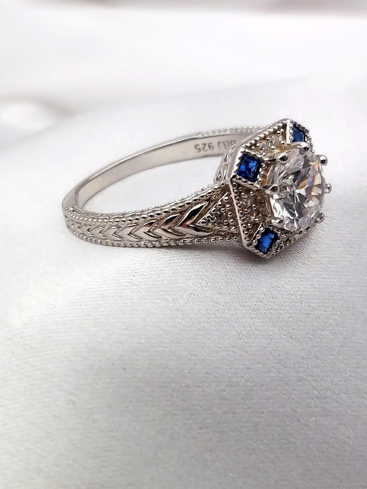 Vintage BBJ Sterling 1.00ct Round Crystal 4 Blue Sapphire Art Deco ring Sz9 4gr