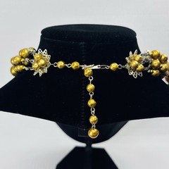 Vintage Japan 5 Strand Beaded Necklace Gold & White C956
