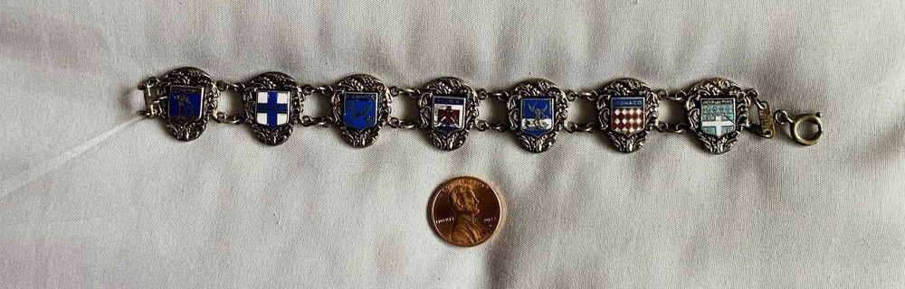 Vintage French Enamel Sterling Silver 925 Crests Flags Province Link Bracelet 7″