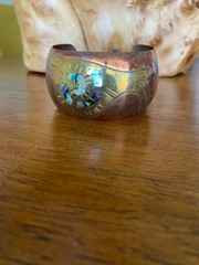 Vintage Copper Cuff Bracelet Brass Snail Abalone Shell Inlay