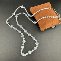Vintage Opalite Glass Bead Necklace 31″ Faceted Round Hook Clasp Adjustable