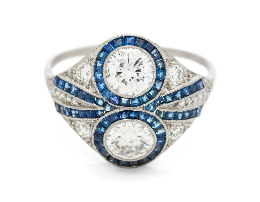 Two Round Transitional Cut 1.50CT White CZ With Blue Sapphire Art Deco Fine Ring