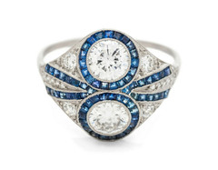 Two Round Transitional Cut 1.50CT White CZ With Blue Sapphire Art Deco Fine Ring