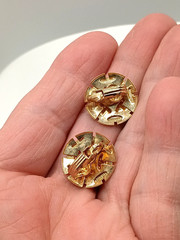 Vintage Damascene Look Clip Earrings Floral Button Gold Tone Black Enamel .75″
