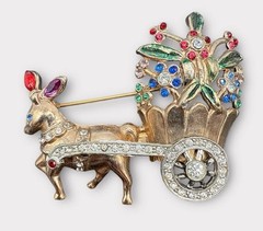Vintage Donkey Flower Cart Rhinestone Brooch Pin J110