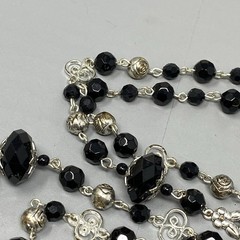 Black Beaded Necklace Silver Tone Cap Chain Link Glass Acrylic Station Long 40″