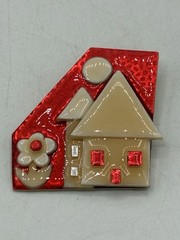 House Pins by Lucinda Brooch Red Glitter House Rhinestone Windows Vintage 2in