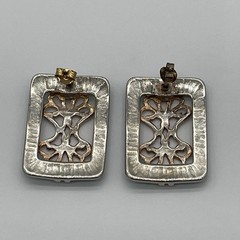 Vintage Style SilverTone Rectangular Earrings With Teal Border & Filigree Center