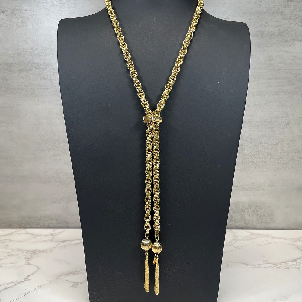 Vintage Signed Lisa Jewel Brand Gold Tone Rope Chain Lariat Tassel Necklace 70’s