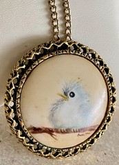 Vtg Hand Painted Porcelain Bird Brooch Pendant Necklace Ornate Signed Anna Mae