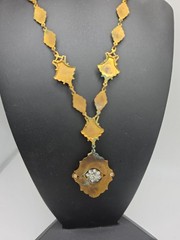Antique Victorian Era Vermeil Medallion Chain Glass Cameo Pendant Choker 12″ SEE