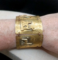 Vintage Peruvian Alpaca Bracelet Story Teller Gold Tone Brass Wide Cuff Repousse