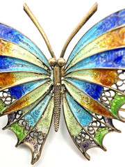 Antique 800 Silver Filigree Enamel Butterfly Brooch Multicolor Blue Green Pin