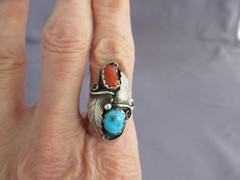 VINTAGE OLD PAWN STERLING ROBERT SHAKEY SQUASH BLOSSOM TURQUOISE CORAL RING