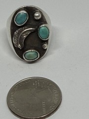 Vintage Old Pawn Southwest Turquoise Stones Feather Heavy Sterling Ring Size 10