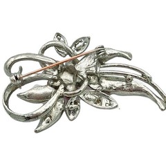 Vtg 1940s 1950s Silver Tone Pink Rhinestone Floral Pin Brooch 2.25″