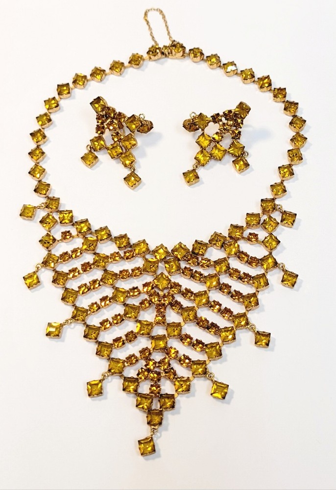 Vintage Schreiner Light Topaz Square Rhinestone Bib Necklace & Earrings