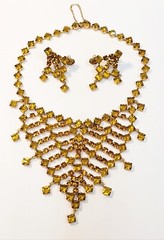 Vintage Schreiner Light Topaz Square Rhinestone Bib Necklace & Earrings