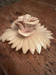 Vintage Hand Carved Ivory Celluloid Plastic Rose Flower Brooch Pin Dusty Rose