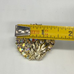 Vintage Brooch Gold Tone Feather AB Rhinestone Flower 1.5 Inches