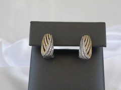 Vintage Sterling Silver 925 Gold Pave CZ Huggie Small Hoop Omega Earrings