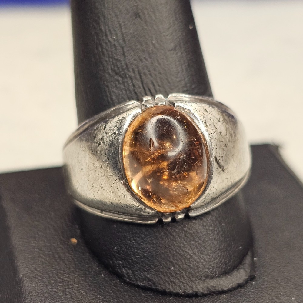 Vintage Clark & Coombs Sterling Silver Ring Amber Glass Cabochon Size 11.75