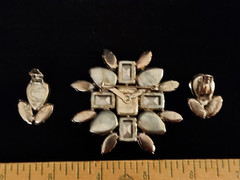 Vintage Watermelon Rhinestone Brooch & Clip on Earrings Prong Set Foil Back