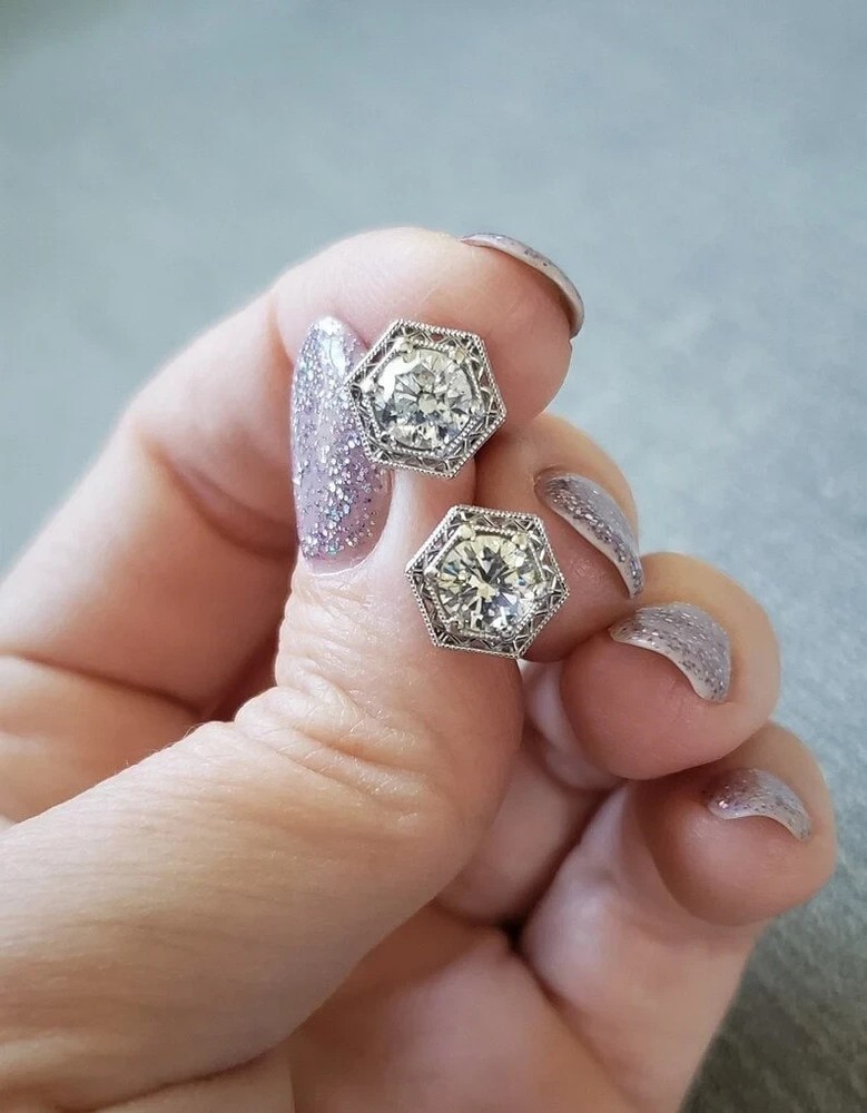 Art Deco Style Round Cut Lab Created Diamond Stud Earrings 14K White Gold Finish