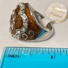 Vintage Brown Enamel Swirl Crystal Cocktail Ring Art Deco Silver Plated Size 8