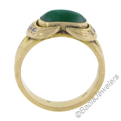 Vintage Petite 14K Yellow Gold Cabochon Green Jade & Diamond Grooved Band Ring