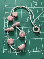 Vintage 16” Pink Polymer Clay White Glass Beaded Necklace