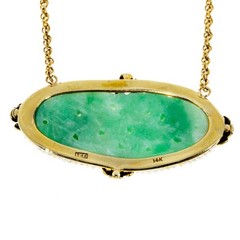 Vintage 1900s Carved Oval Jadeite Jade 56 Natural Pearl 14k Pendant 17 In Chain