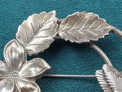 Sterling Silver Brooch, Pin w. 3 Dimensional Butterfly & Leaves: 2.25″ Diameter