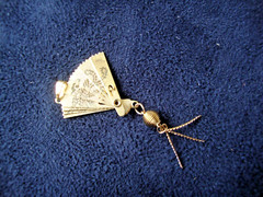 Vtg Classic Chinese Phoenix & Crane Etched Folding Fan Gold Plated Charm/Pendant