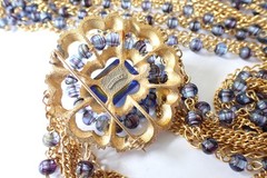 Vintage Signed Marvella Multi Strand Long Necklace Large Brooch Blue Glass Beads
