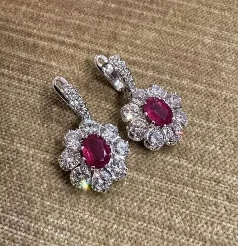 Art Deco Style Lab-Created Ruby & Diamond Anniversary 14k White Gold FN Earrings