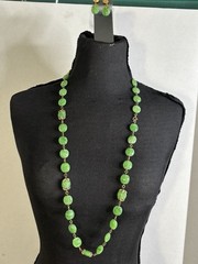 VTG Crown Trifari Marbled Green Lucite Faux Jade Gold Tone Necklace Earrings SET